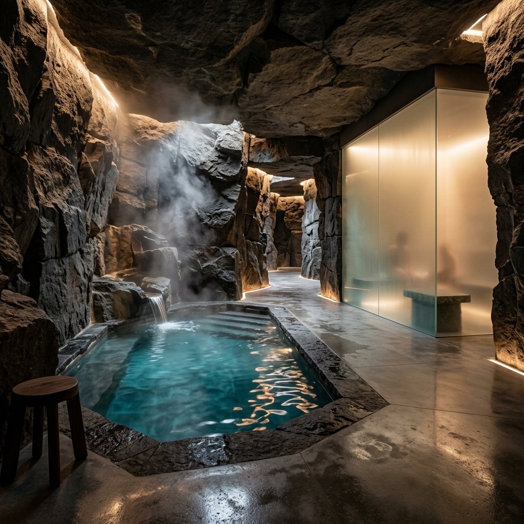 Subterranean basalt interior looking out into misty woods