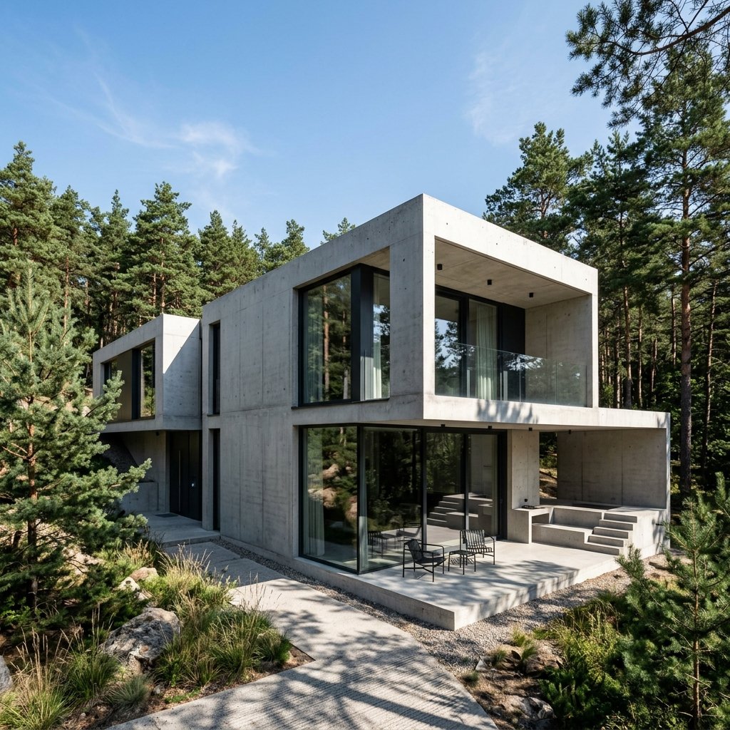 Minimalist glass pavilion nestled in vegetation