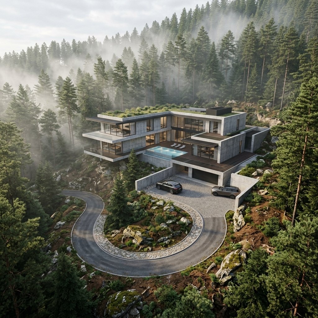 Hillside terrace overlooking misty forests